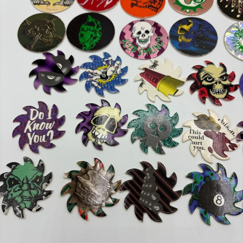 Vintage Pogs & Saw-blade Lot 53pc Skulls Poison 8-Ball 90s Games Good to Great